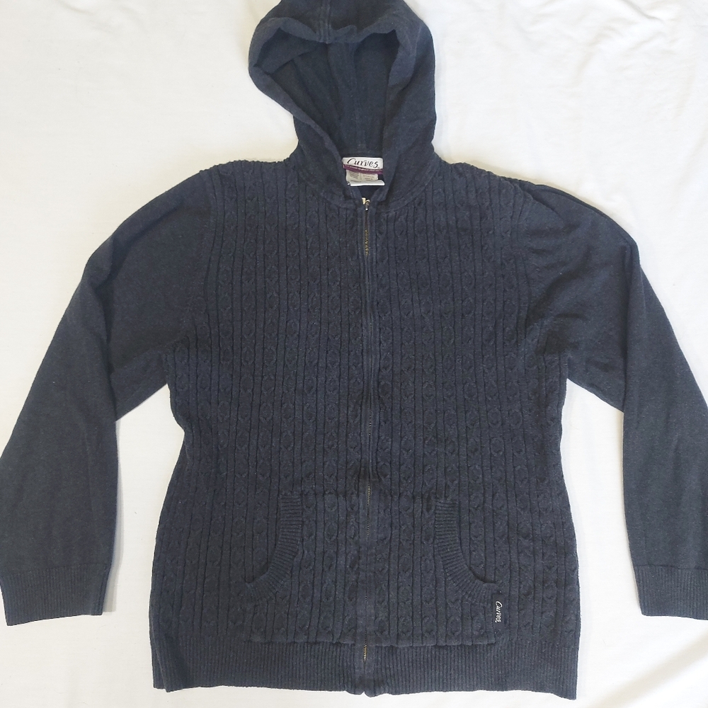 Curves Dark Gray Zip Up Cardigan Hoodie Sweater Jacket, Large
